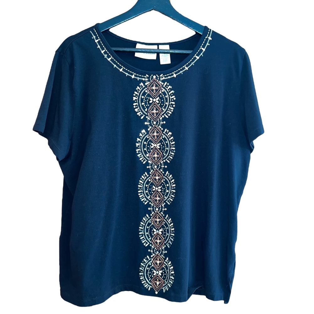 Alfred Dunner Black Embellished Knit Top Womens Size L Short Sleeve‎